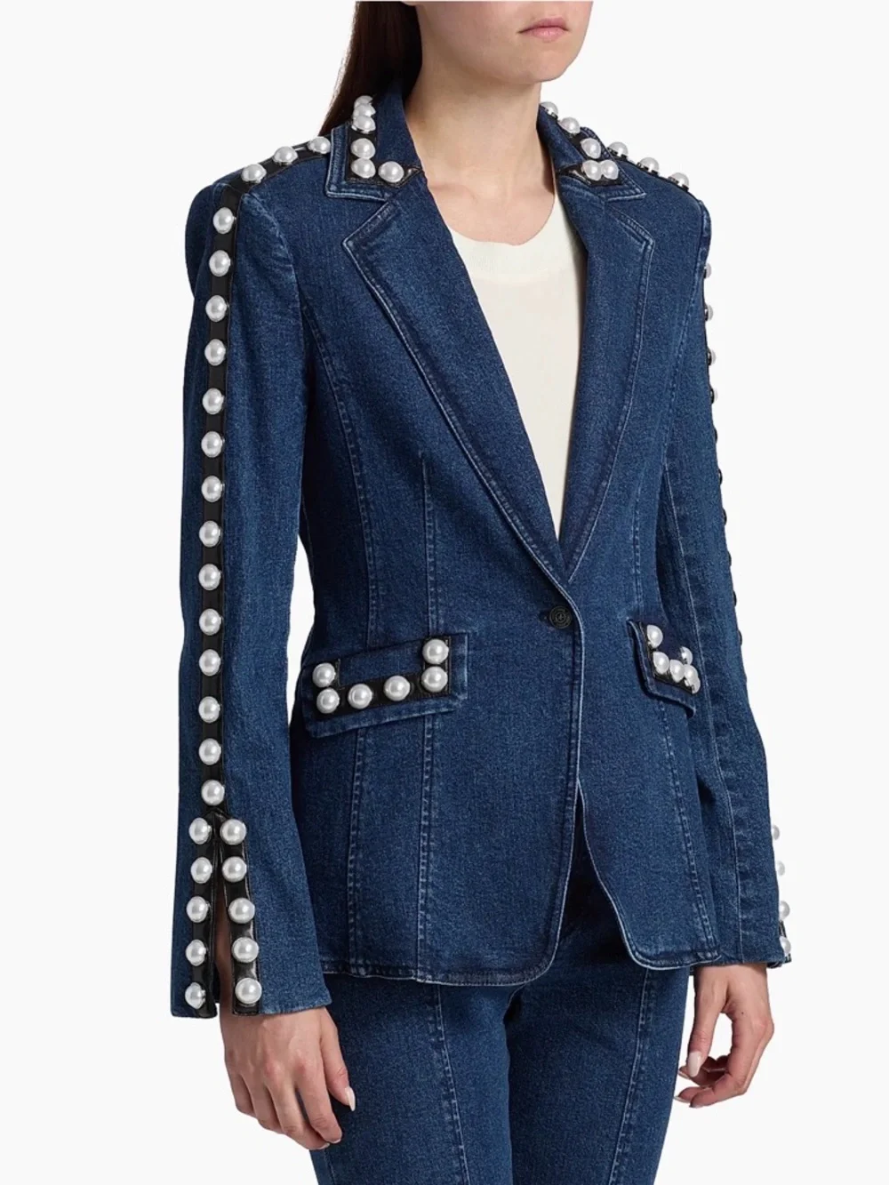 Cinq a Sept Pearl-Trim Dark Blue Denim Blazer - Women - Picture 3 of 5